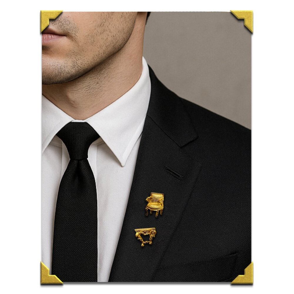 Vintage SIGNED Karl Lagerfeld Rococo Table & Chair Louis XV Lapel Pins: 2 Pieces